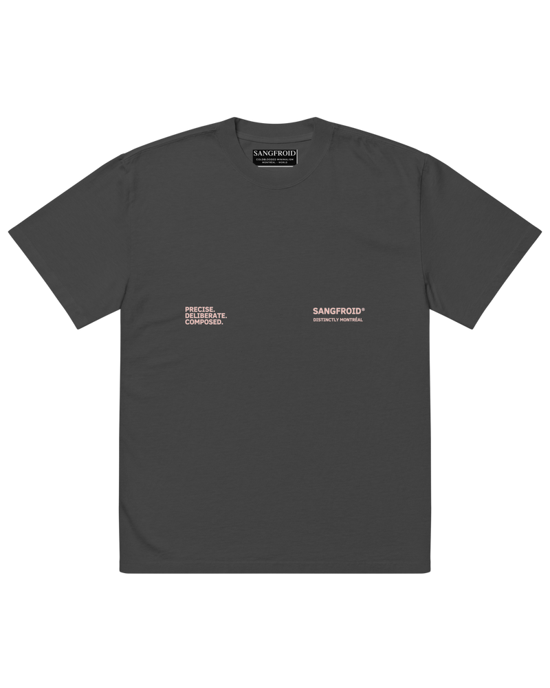 Black t-shirt with text and branding on a white background