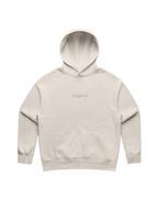 Beige hoodie with a grey 'Sangfroid' brand logo on center-chest.