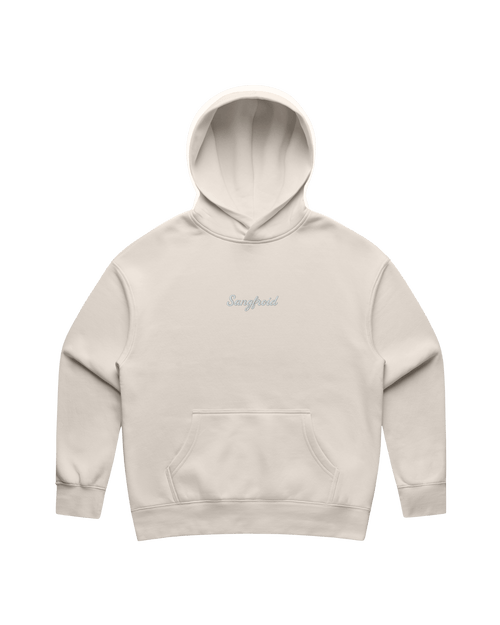 Beige hoodie with a grey 'Sangfroid' brand logo on center-chest.