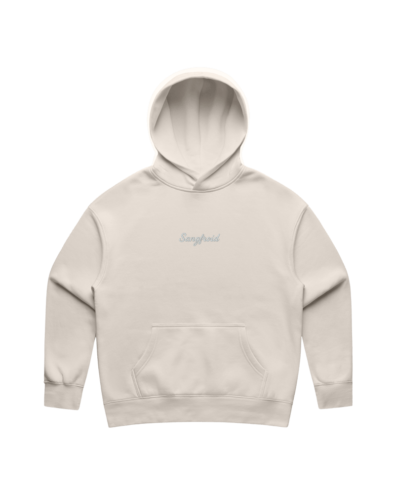 Beige hoodie with a grey 'Sangfroid' brand logo on center-chest.
