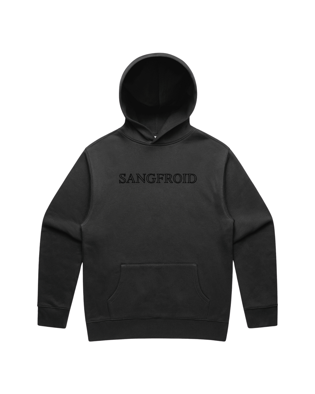 Faded Black hoodie with large black 'SANGFROID' text embroidered on center-chest.