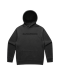 Faded Black hoodie with large black 'SANGFROID' text embroidered on center-chest.