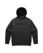 Faded Black hoodie with large black 'SANGFROID' text embroidered on center-chest.