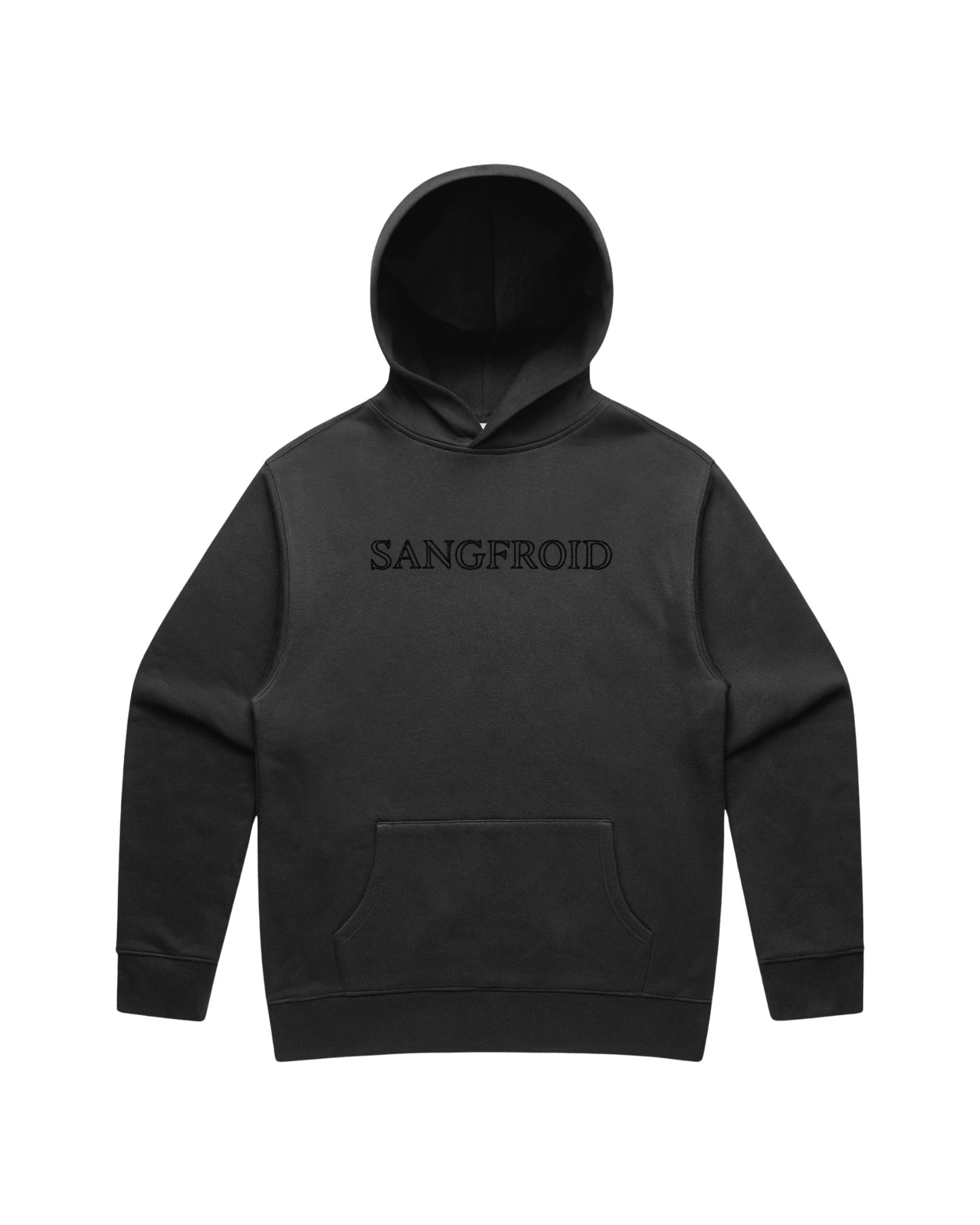 Faded Black hoodie with large black 'SANGFROID' text embroidered on center-chest.