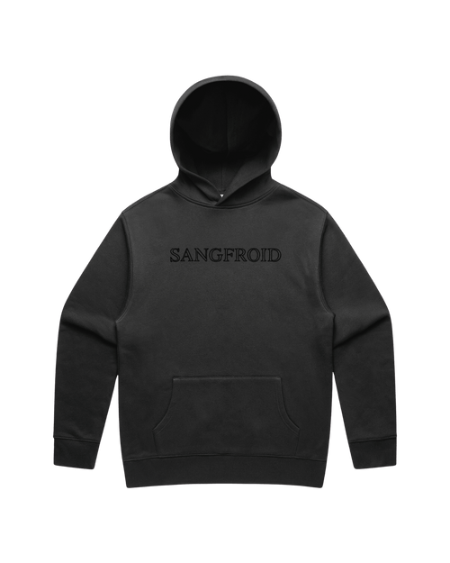 Faded Black hoodie with large black 'SANGFROID' text embroidered on center-chest.
