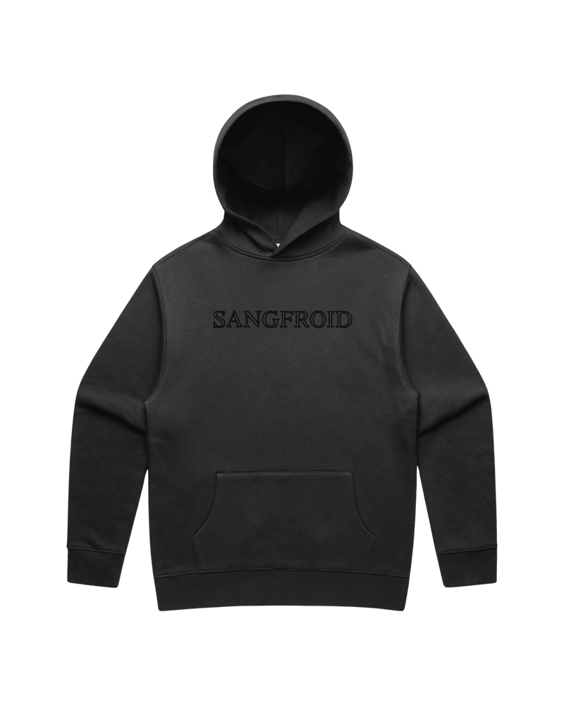 Faded Black hoodie with large black 'SANGFROID' text embroidered on center-chest.