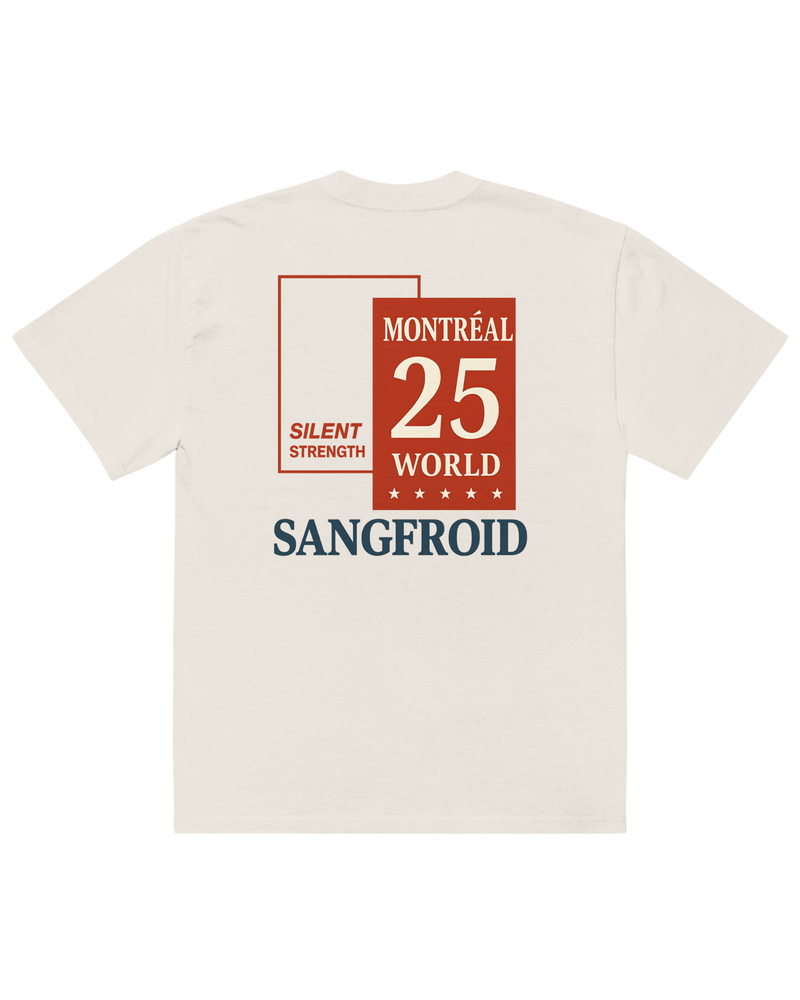 White t-shirt with red and blue text and graphics on a white background