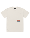 White t-shirt with a small logo on a white background