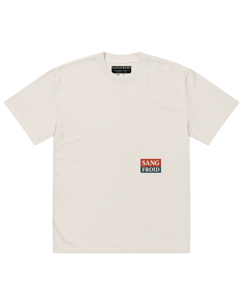 White t-shirt with a small logo on a white background
