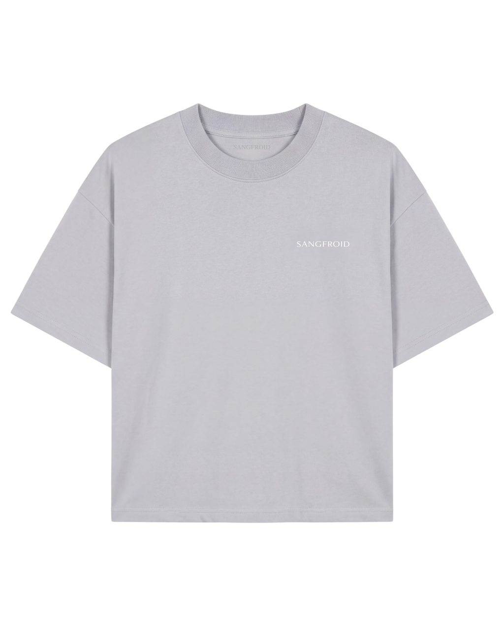 A light gray crewneck t-shirt with a small white 'SANGFROID' logo on the left chest, displayed flat against a solid white background.