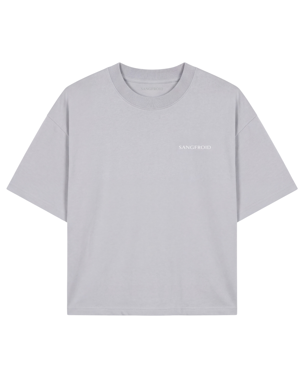 A light gray crewneck t-shirt with a small white 'SANGFROID' logo on the left chest, displayed flat against a solid white background.
