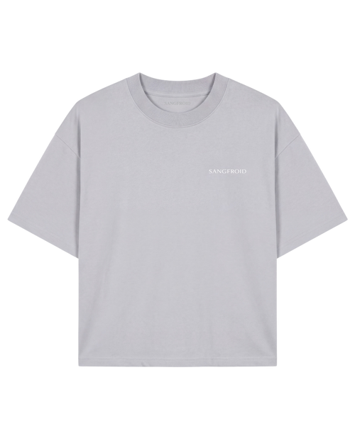 A light gray crewneck t-shirt with a small white 'SANGFROID' logo on the left chest, displayed flat against a solid white background.