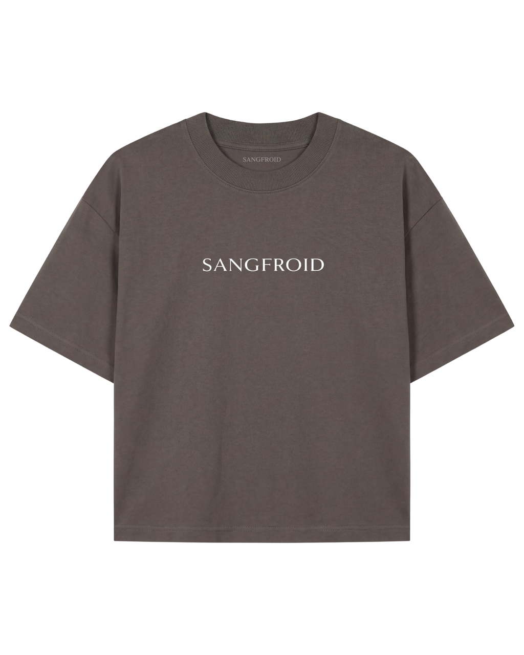 A dark brown short-sleeve t-shirt with 'SANGFROID' printed in white serif letters across the chest, displayed flat against a solid white background.