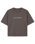 A dark brown short-sleeve t-shirt with 'SANGFROID' printed in white serif letters across the chest, displayed flat against a solid white background.