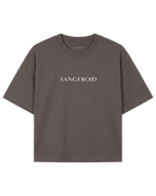 A dark brown short-sleeve t-shirt with 'SANGFROID' printed in white serif letters across the chest, displayed flat against a solid white background.