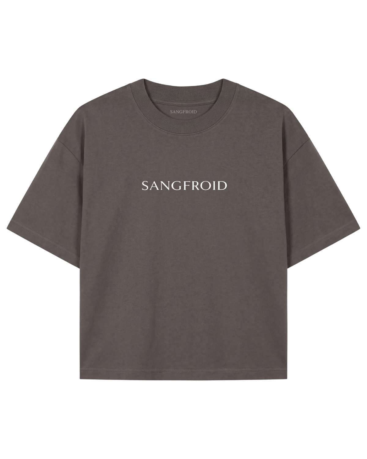 A dark brown short-sleeve t-shirt with 'SANGFROID' printed in white serif letters across the chest, displayed flat against a solid white background.