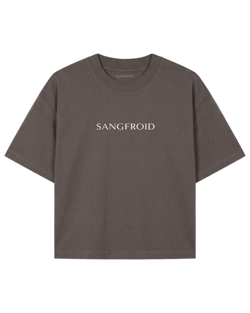 A dark brown short-sleeve t-shirt with 'SANGFROID' printed in white serif letters across the chest, displayed flat against a solid white background.