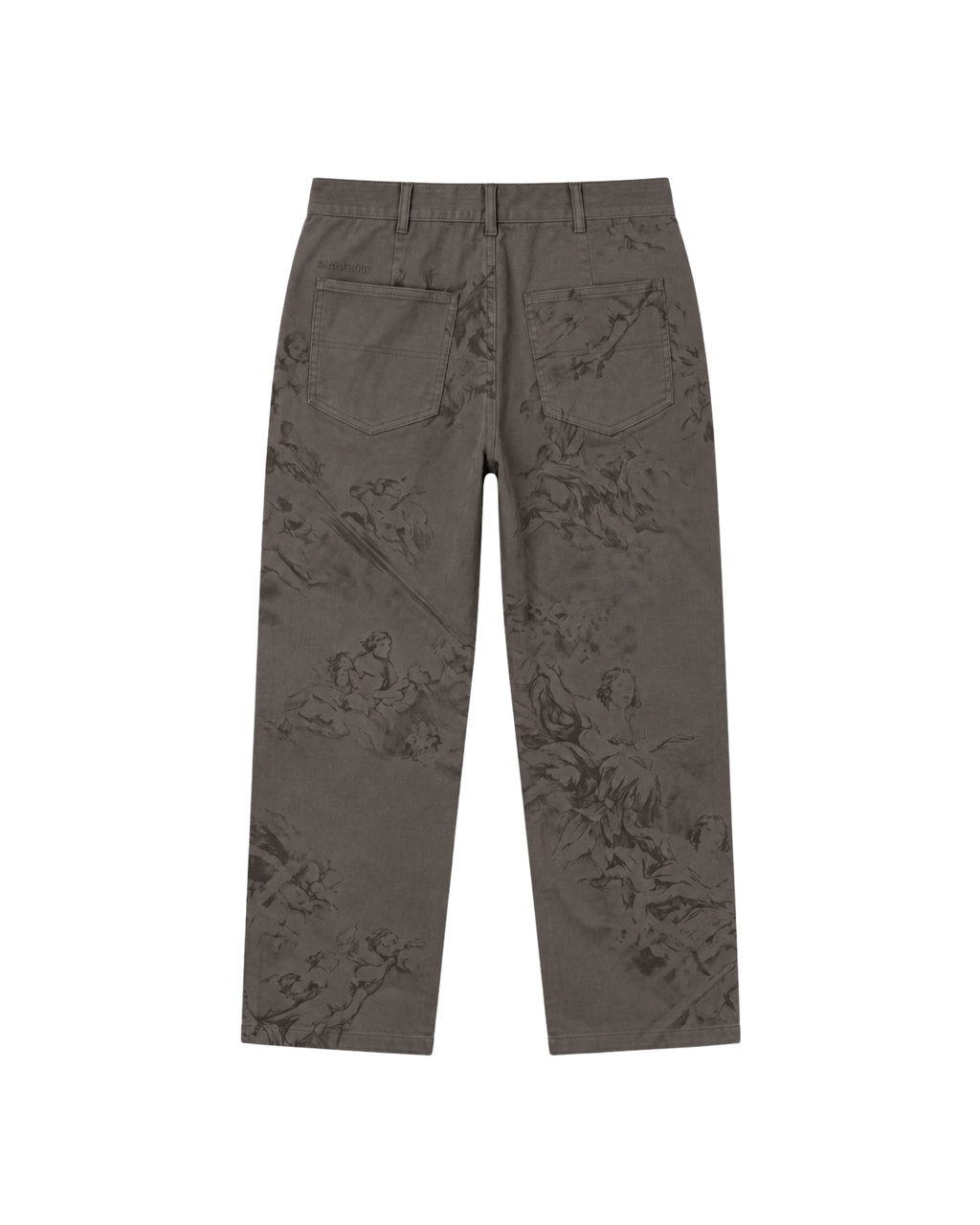 A pair of dark brown trousers with a subtle tonal floral jacquard pattern, shown from the back on a plain white background.