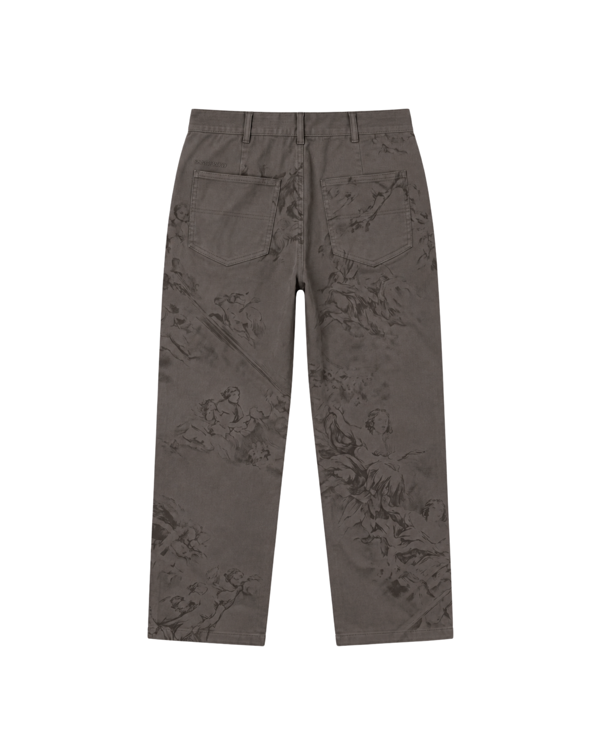 A pair of dark brown trousers with a subtle tonal floral jacquard pattern, shown from the back on a plain white background.