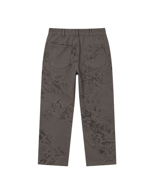 A pair of dark brown trousers with a subtle tonal floral jacquard pattern, shown from the back on a plain white background.