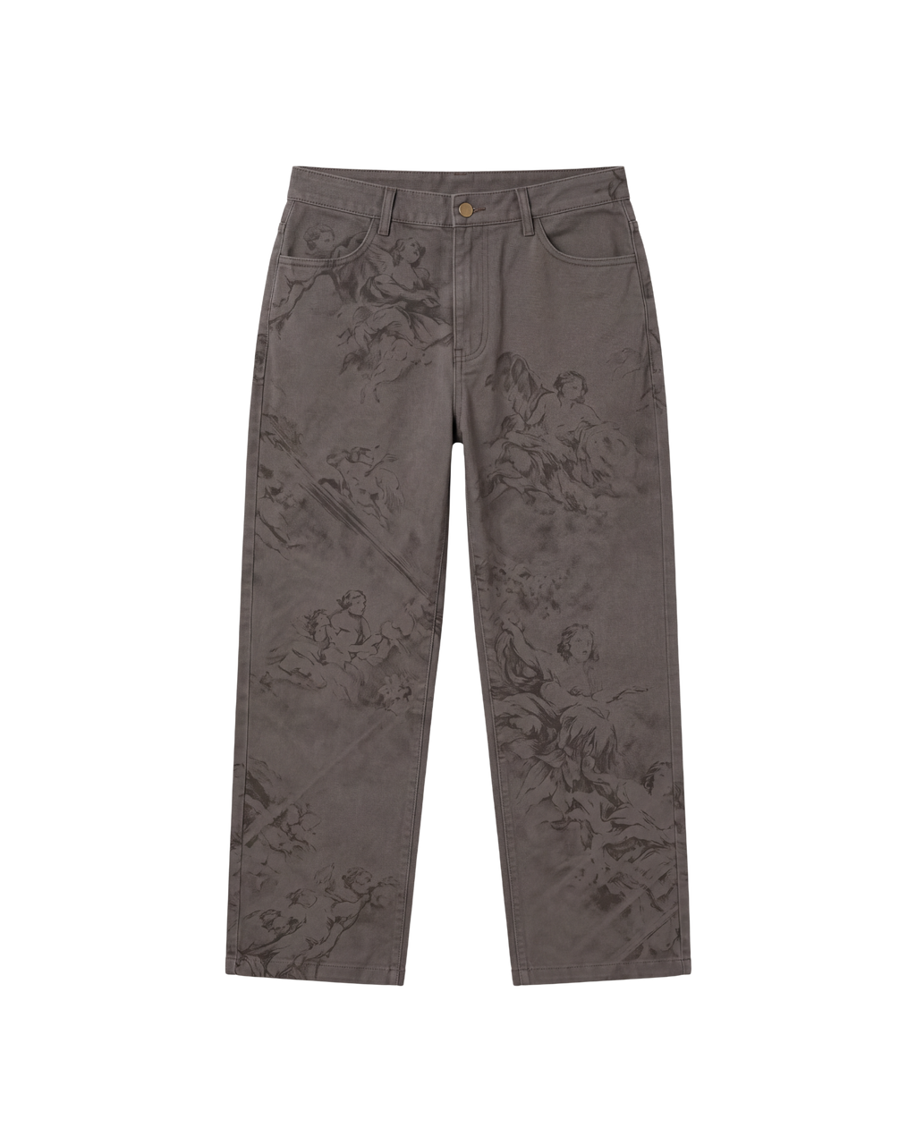 A pair of dark gray slim-fit jeans with an all-over tonal classical painting print of figures, shown flat against a solid white background.