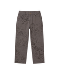 A pair of dark gray slim-fit jeans with an all-over tonal classical painting print of figures, shown flat against a solid white background.