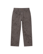 A pair of dark gray slim-fit jeans with an all-over tonal classical painting print of figures, shown flat against a solid white background.