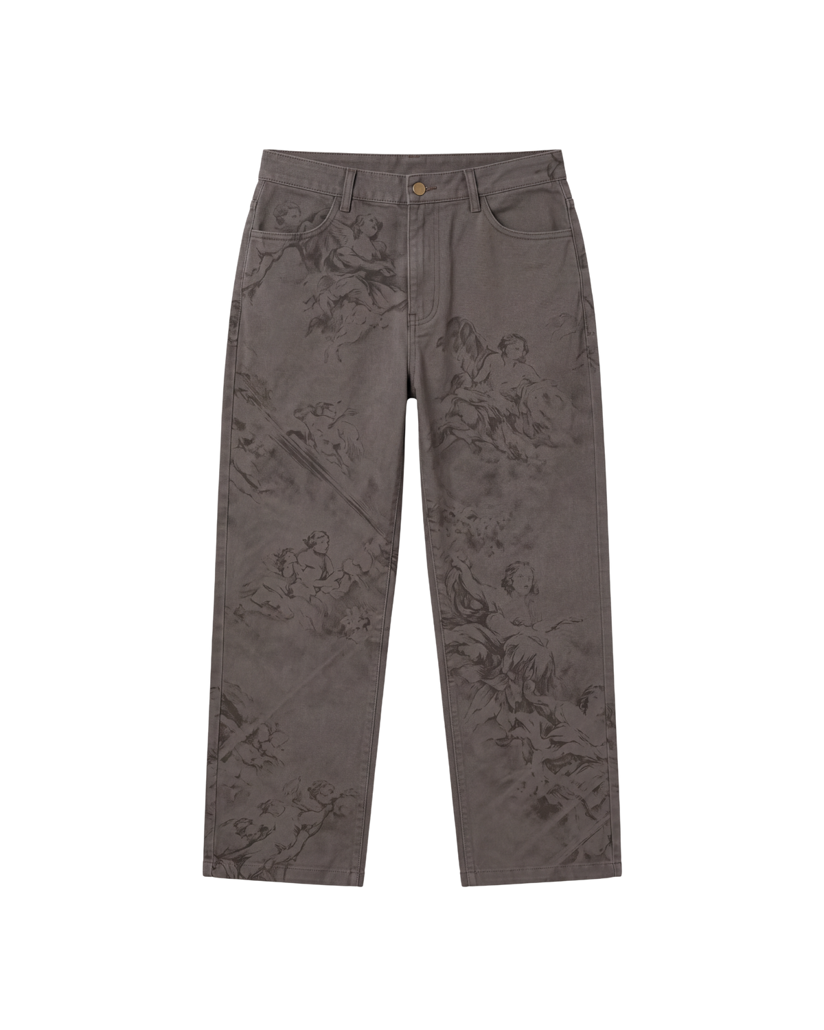 A pair of dark gray slim-fit jeans with an all-over tonal classical painting print of figures, shown flat against a solid white background.