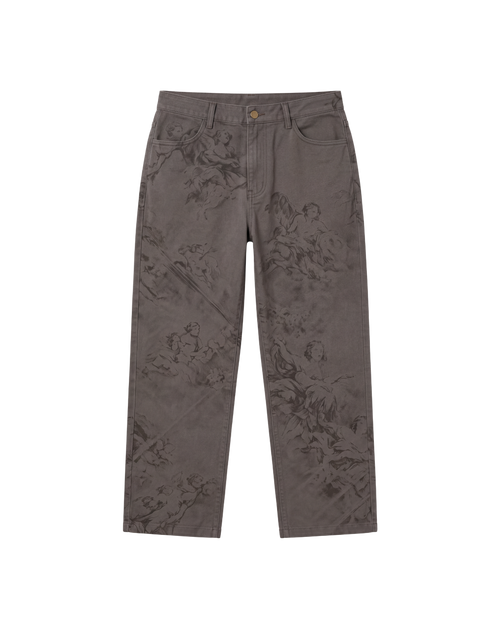 A pair of dark gray slim-fit jeans with an all-over tonal classical painting print of figures, shown flat against a solid white background.