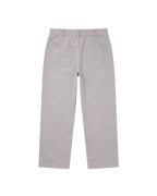 A pair of light gray straight-leg trousers shown from the back, featuring two back patch pockets and belt loops, on a solid white background.