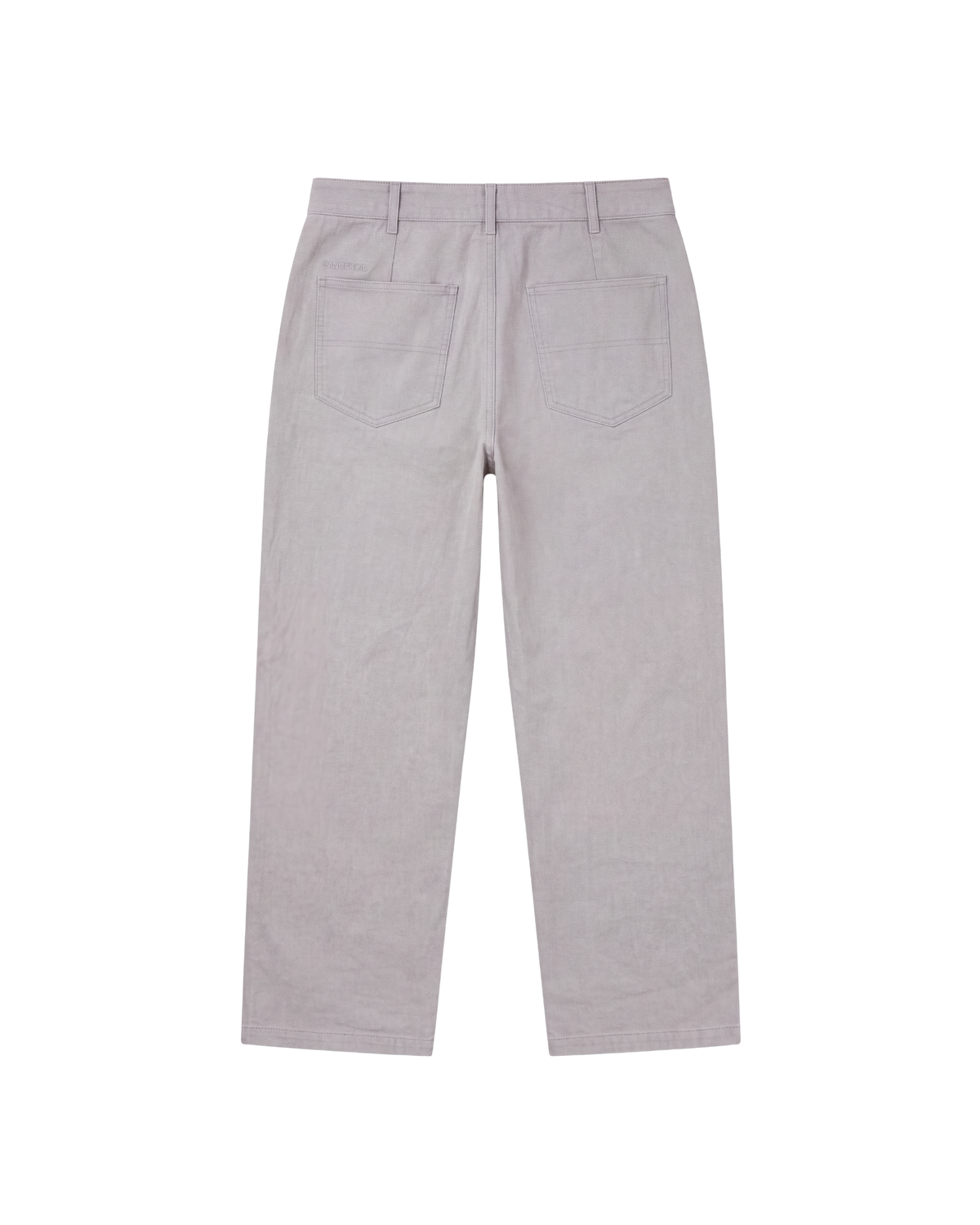 A pair of light gray straight-leg trousers shown from the back, featuring two back patch pockets and belt loops, on a solid white background.