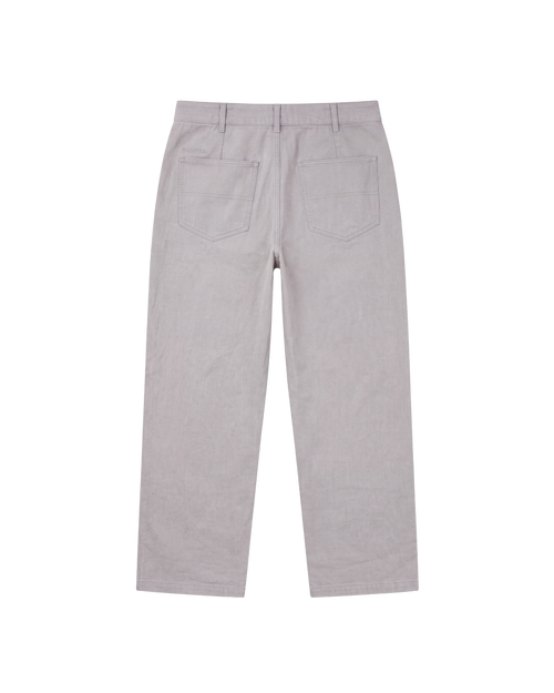 A pair of light gray straight-leg trousers shown from the back, featuring two back patch pockets and belt loops, on a solid white background.