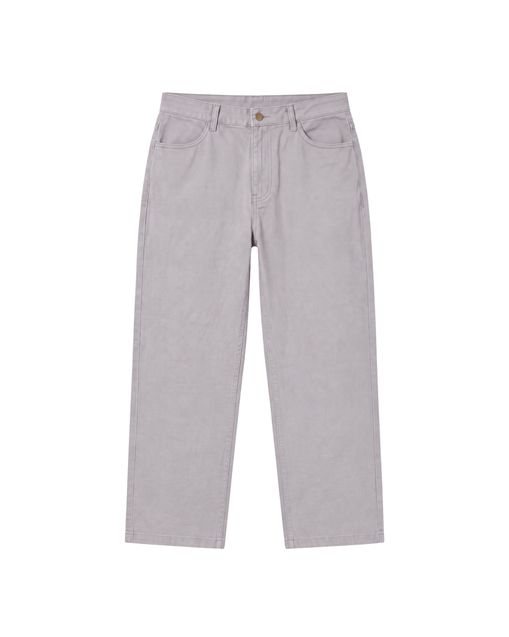 A pair of light gray straight-leg jeans shown flat against a solid white background.