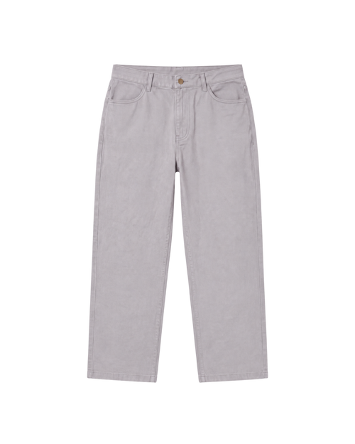 A pair of light gray straight-leg jeans shown flat against a solid white background.