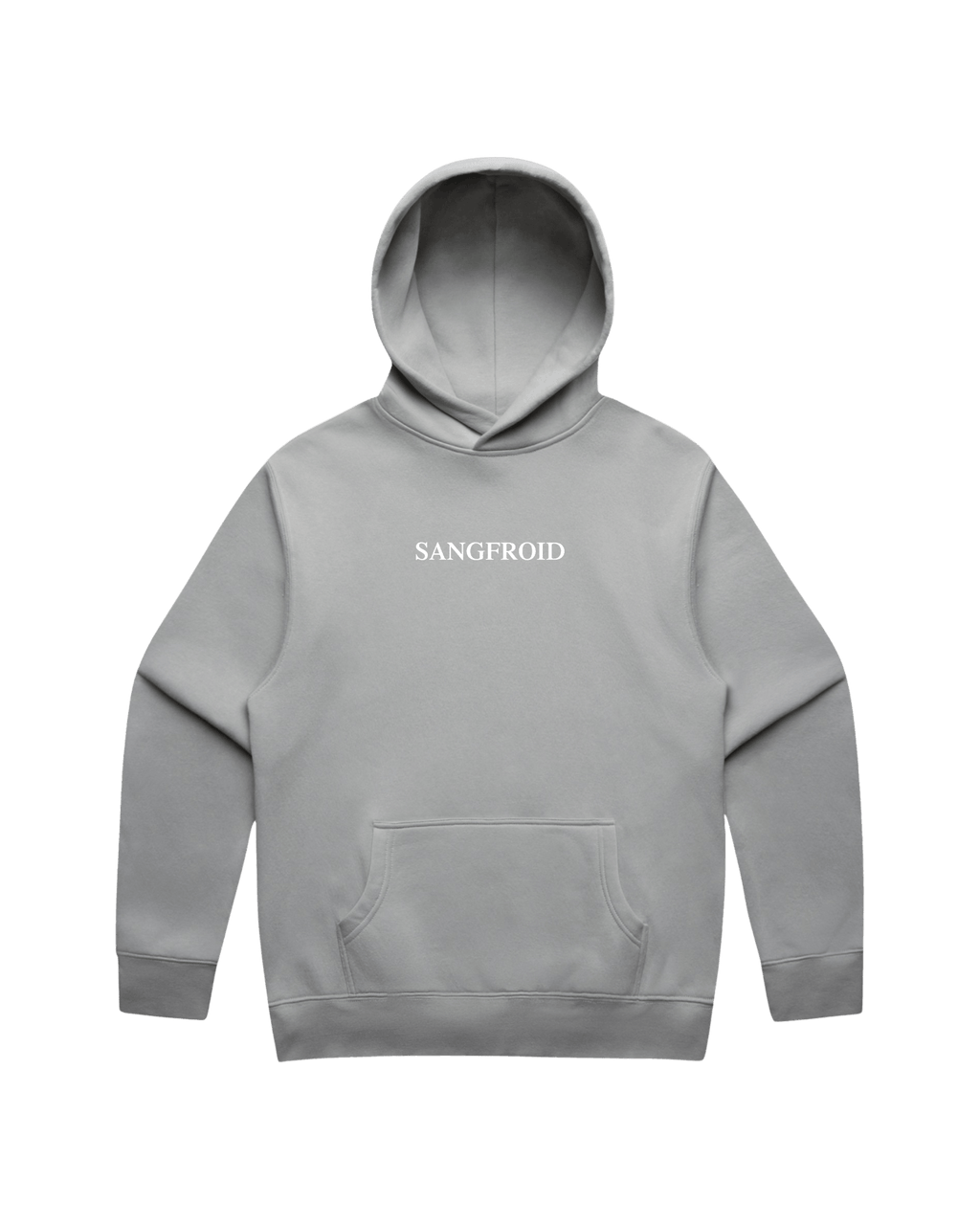 Grey hoodie with white 'SANGFROID' logo printed on center-chest