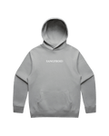 Grey hoodie with white 'SANGFROID' logo printed on center-chest