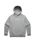 Grey hoodie with white 'SANGFROID' logo printed on center-chest