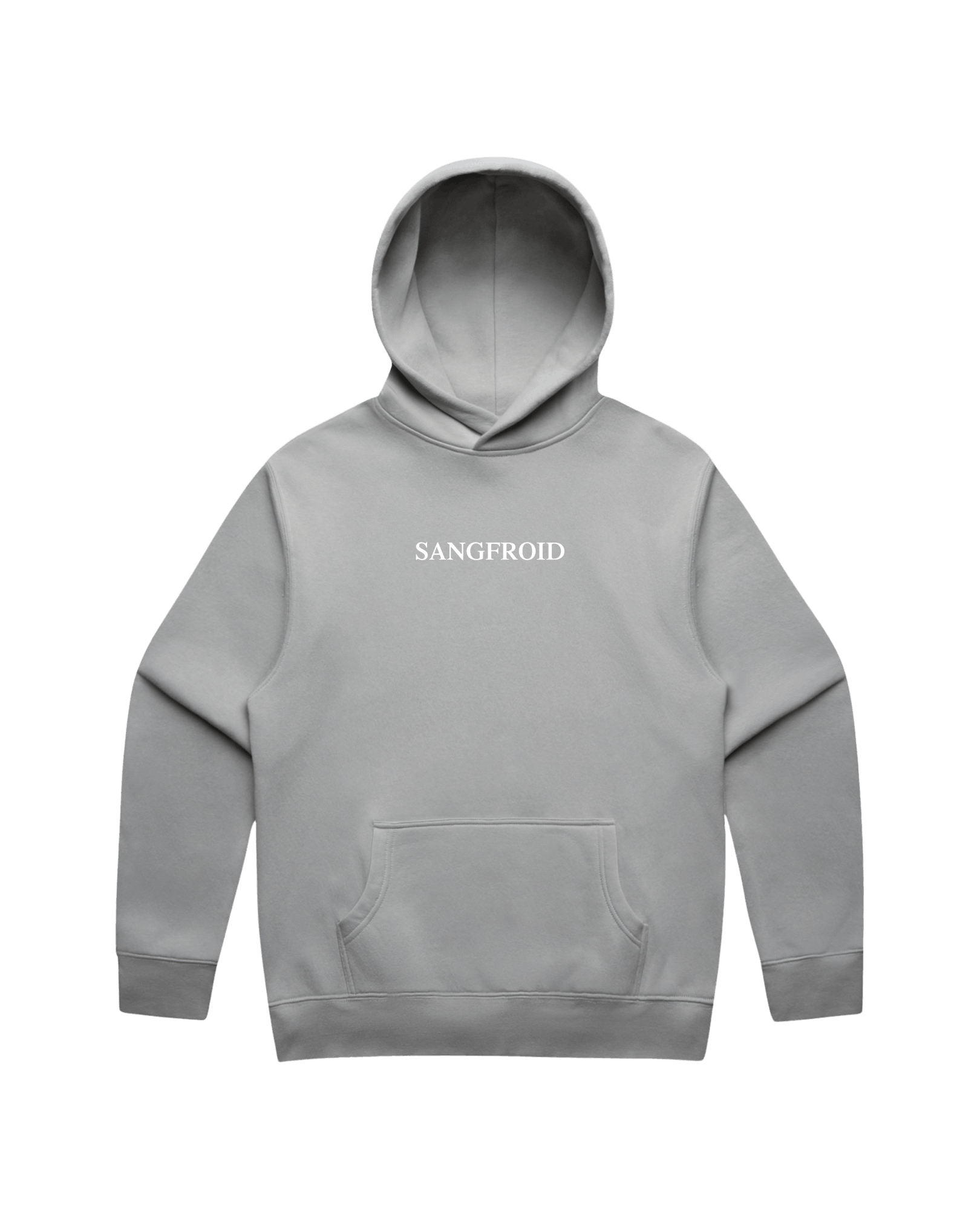 Grey hoodie with white 'SANGFROID' logo printed on center-chest