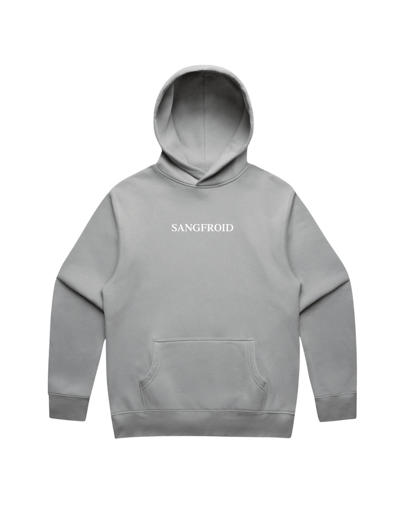 Grey hoodie with white 'SANGFROID' logo printed on center-chest