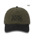 An olive green and black baseball cap with 'SANG FROID' embroidered in black on the front, shown against a plain white background with a small 'NEW' badge in the top right corner.