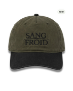 An olive green and black baseball cap with 'SANG FROID' embroidered in black on the front, shown against a plain white background with a small 'NEW' badge in the top right corner.