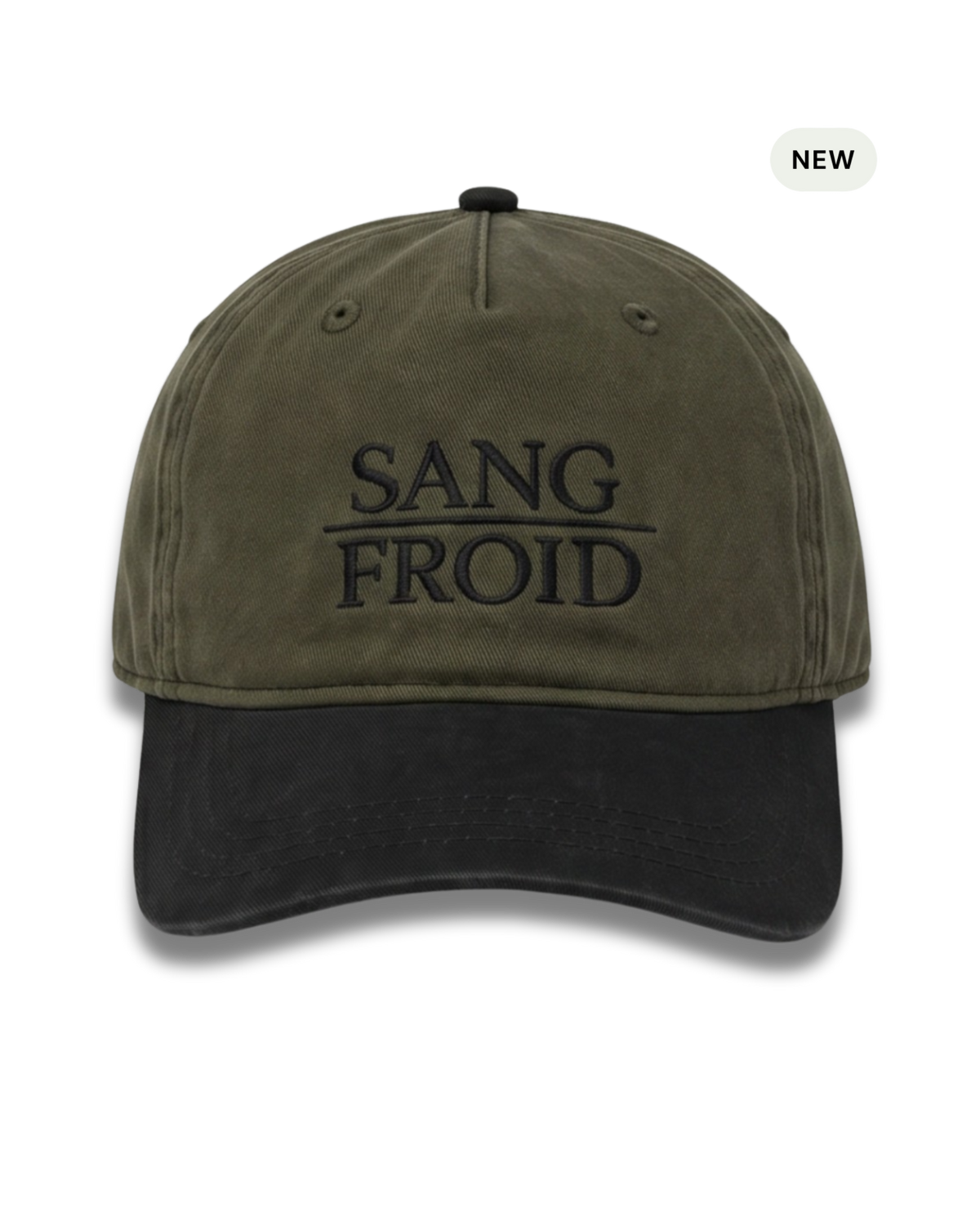 An olive green and black baseball cap with 'SANG FROID' embroidered in black on the front, shown against a plain white background with a small 'NEW' badge in the top right corner.