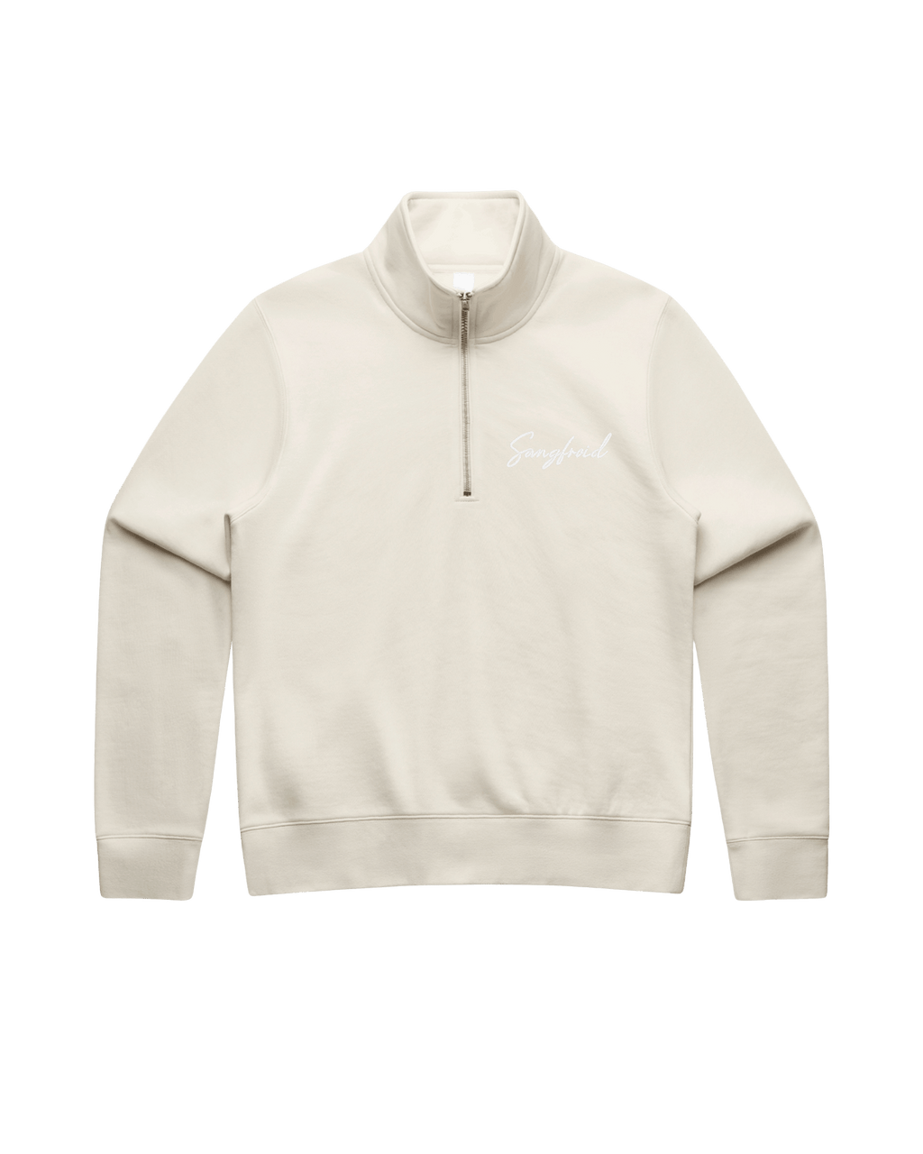 Beige half-zip sweatshirt with white 'Sangfroid' embroidery on left-chest. 