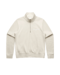 Beige half-zip sweatshirt with white 'Sangfroid' embroidery on left-chest. 