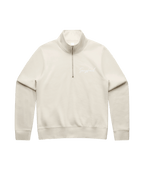 Beige half-zip sweatshirt with white 'Sangfroid' embroidery on left-chest. 