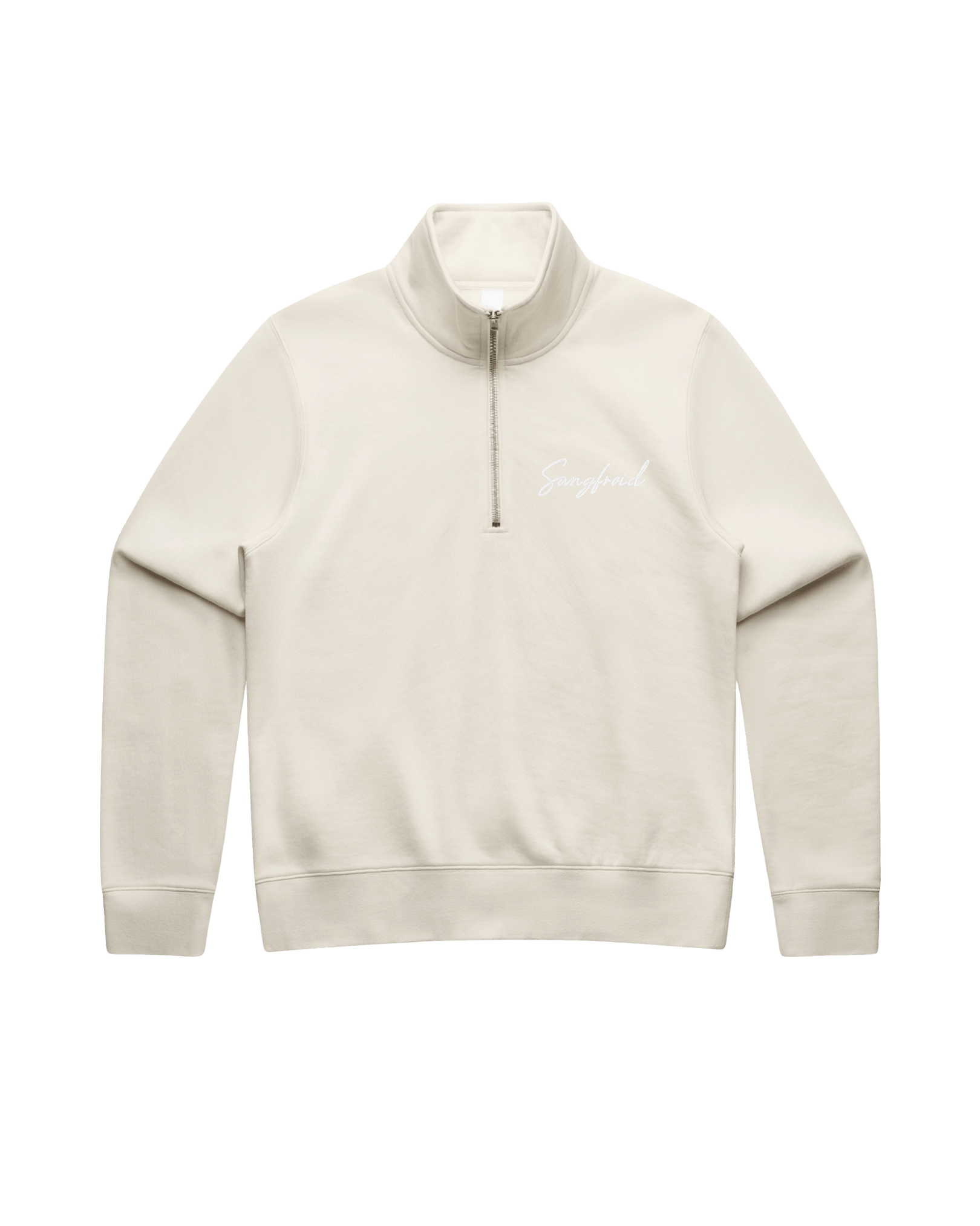 Beige half-zip sweatshirt with white 'Sangfroid' embroidery on left-chest. 