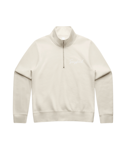 Beige half-zip sweatshirt with white 'Sangfroid' embroidery on left-chest. 
