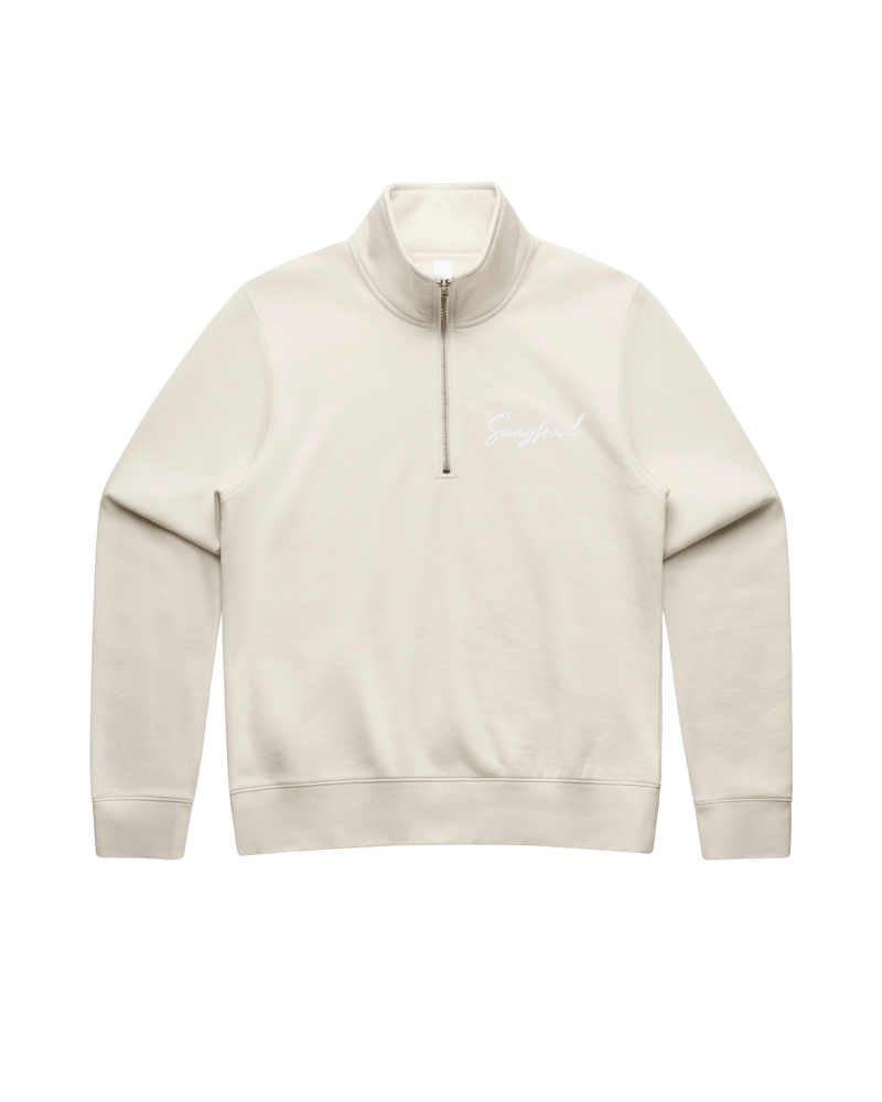 Beige half-zip sweatshirt with white 'Sangfroid' embroidery on left-chest. 