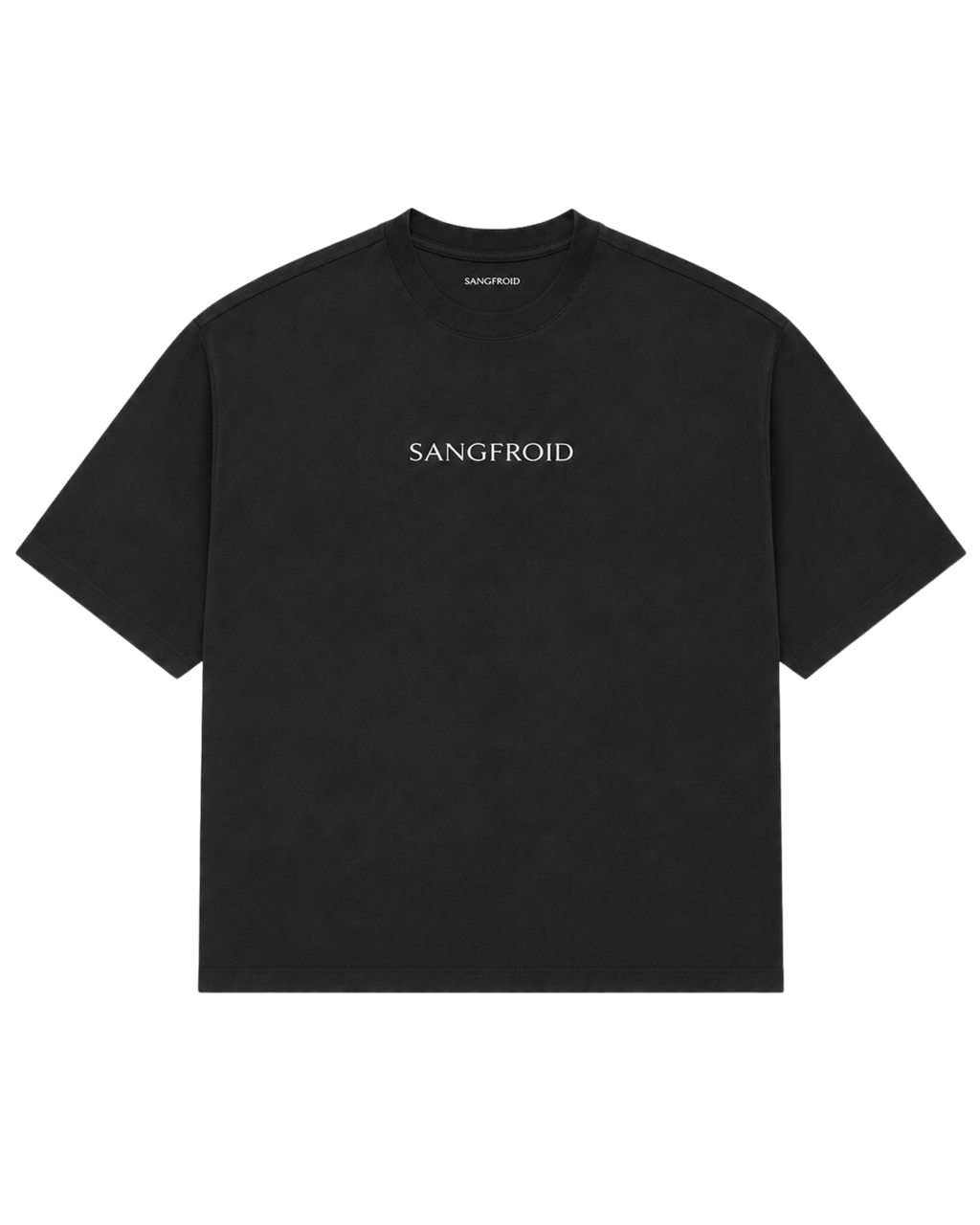 A black short-sleeve crewneck t-shirt with 'SANGFROID' embroidered in white serif lettering across the chest.