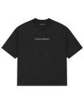 A black short-sleeve crewneck t-shirt with 'SANGFROID' embroidered in white serif lettering across the chest.